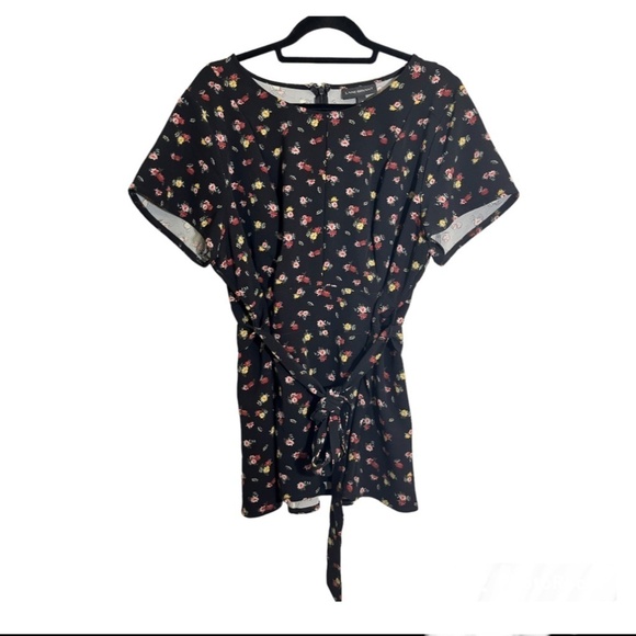Lane Bryant Floral Top 18 Black Boho Western Preppy Dainty Belted Peasant Hippie - Picture 1 of 13